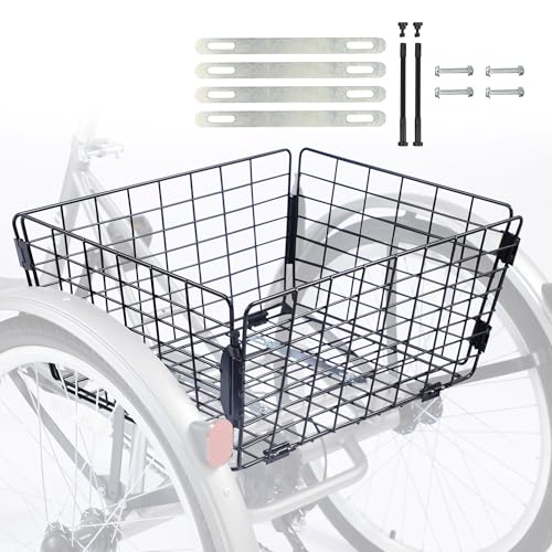 WEEROCK Tricycle Rear Basket Folding Large Capacity Baskets Steel Basket for 20 24 26 Inch Tricycles Trike, Black