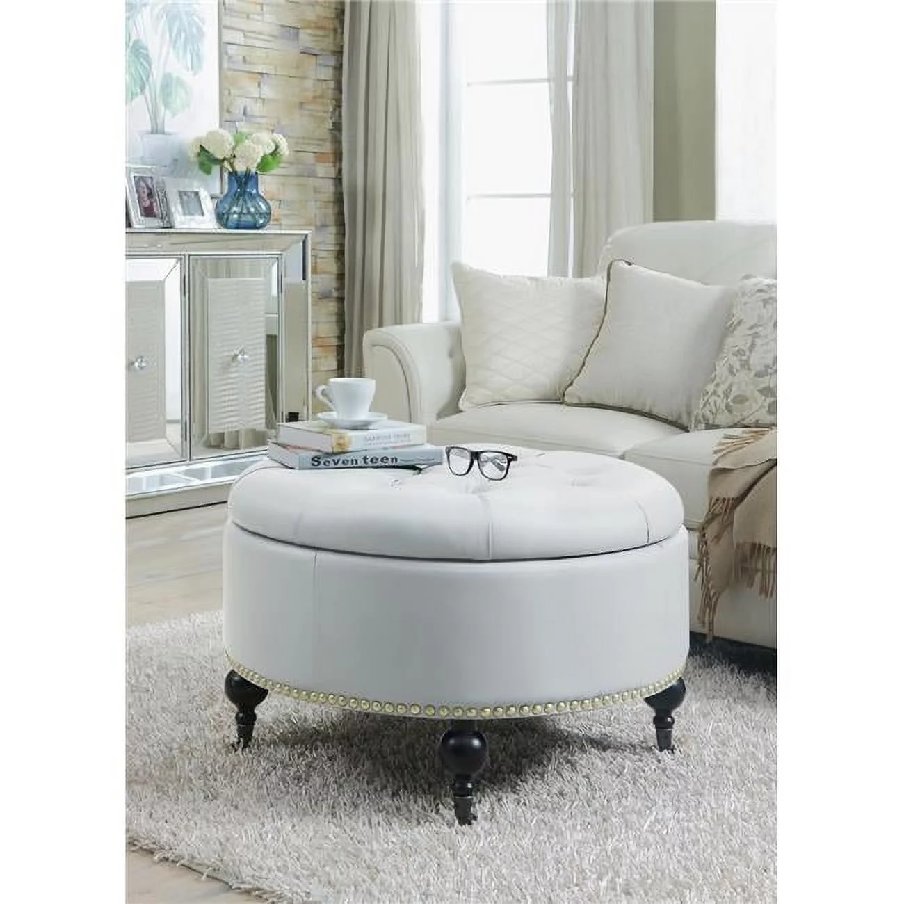 Keller Round Ottoman Hidden Storage PU Leather Upholstered Button Tufted Nail Head Trim Carved Espresso Wood Legs, Modern Transitional, Cream White