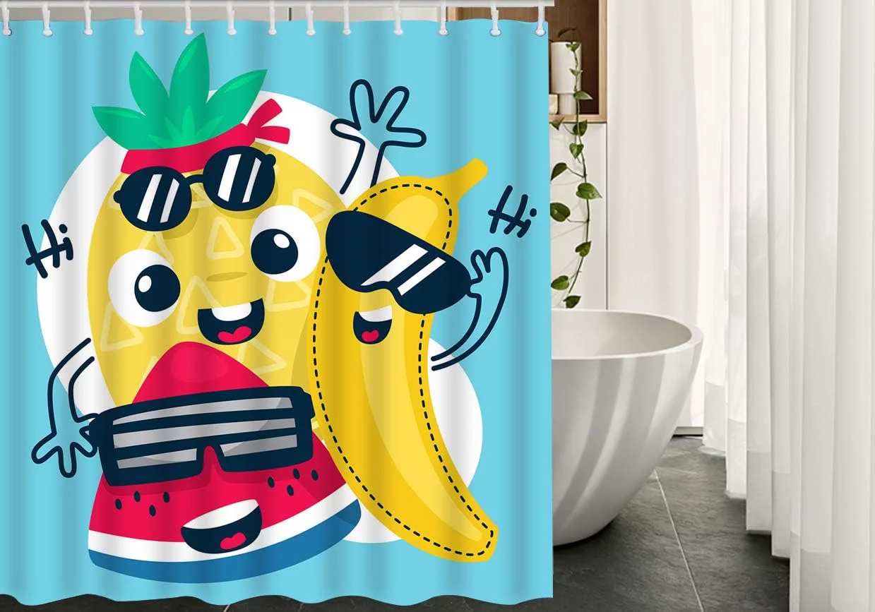 JOOCAR Fruit Fabric Shower Curtain with Hooks Banana Pineapple Watermelon Fresh Cartoon Cute Happy Juice Healthy Vitamin Bath Shower Curtain Polyester 72x72 Inch for Bathrooms Bathtubs Camping