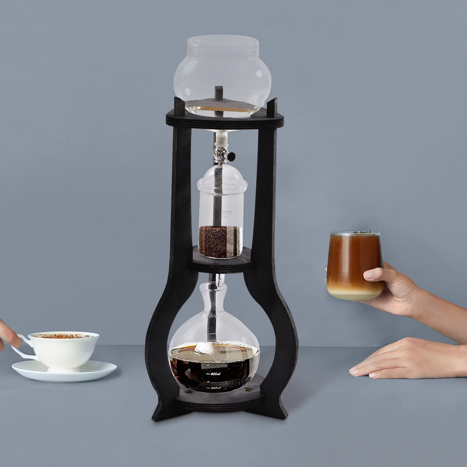 Fichiouy 600ml Cold Brew Iced Coffee Drip Tower Wooden Coffee Maker for 6-8 Cups Coffee Gray