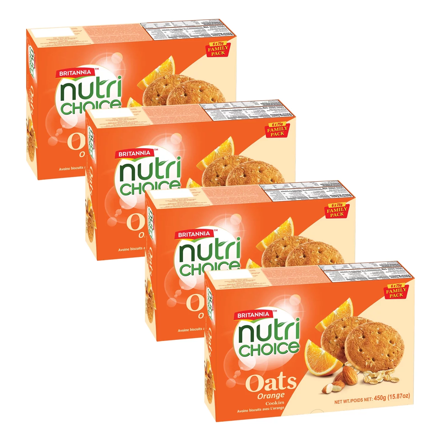 Britannia NutriChoice Oats Orange 15.87oz (450g) - Breakfast & Tea Time Snacks - Crunchy, Healthy and Delicious - Suitable for Vegetarians (Pack of 4)