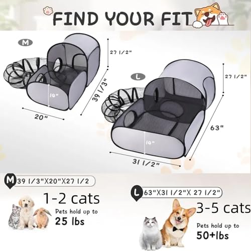 Pet Playpen with Surround Tunnel, Outdoor/Indoor Cat Playpen with Breathable Soft Sides，Tailtastic Cat Enclosure Tent for Small Animals, Portable Tent with Carry Bag (Medium)