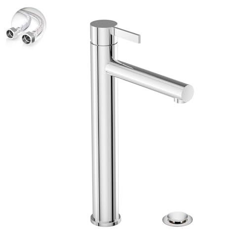 Phiestina Brushed Gold One Hole High Bathroom Vessel Sink Faucet, Single Hole Single Handle Tall Bathroom Faucet, with Pop Up Drain and Water Supply Line,FH01-BG-V