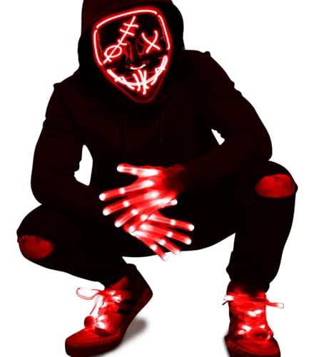 3 Set Halloween LED Mask Light Up Gloves and Glow Shoelaces Scary Mask Halloween Costume Cosplay Party for Adults