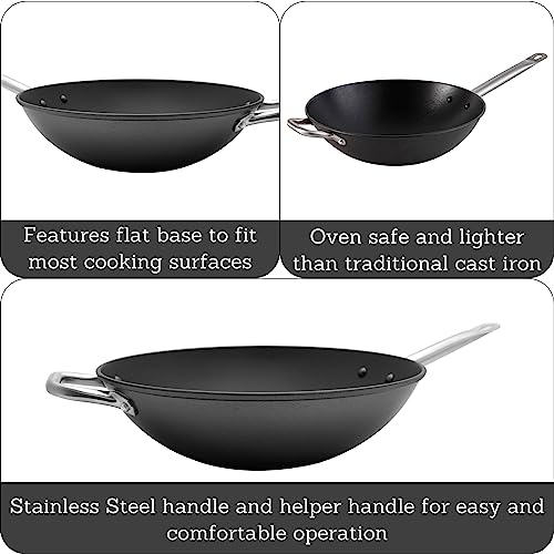Imusa LCI-19008 Light Cast Iron Wok Pre-Seasoned Non-Stick with Stainless Steel Handles, 14