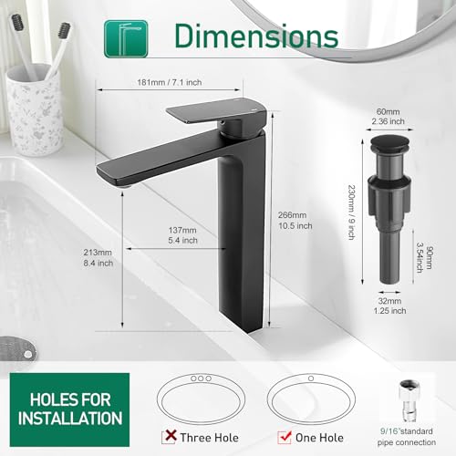 VOTON Vessel Sink Faucet Matte Black Tall Bathroom Faucet Single Handle Vanity Bathroom Sink Faucet 1 Hole Basin Mixer Tap with Water Supply Hose and Pop Up Sink Drain