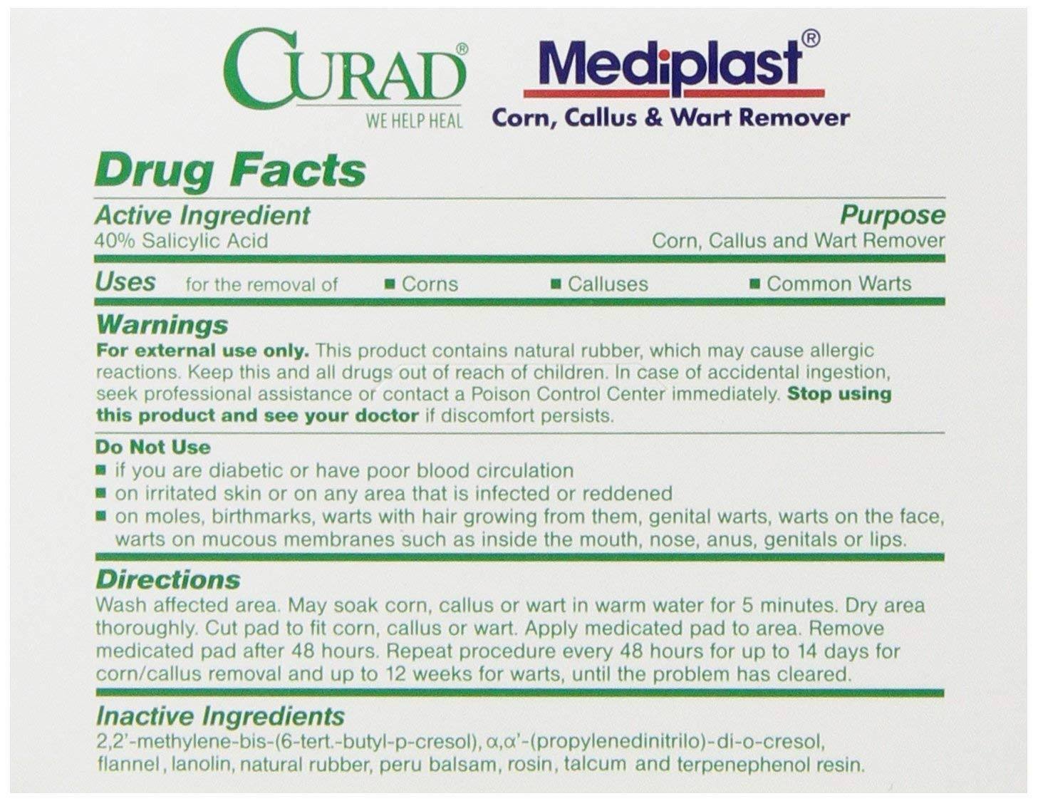 Curad Mediplast 25 Pads Corn, Callus, and Wart Remover, 40% Salicylic Acid Pads