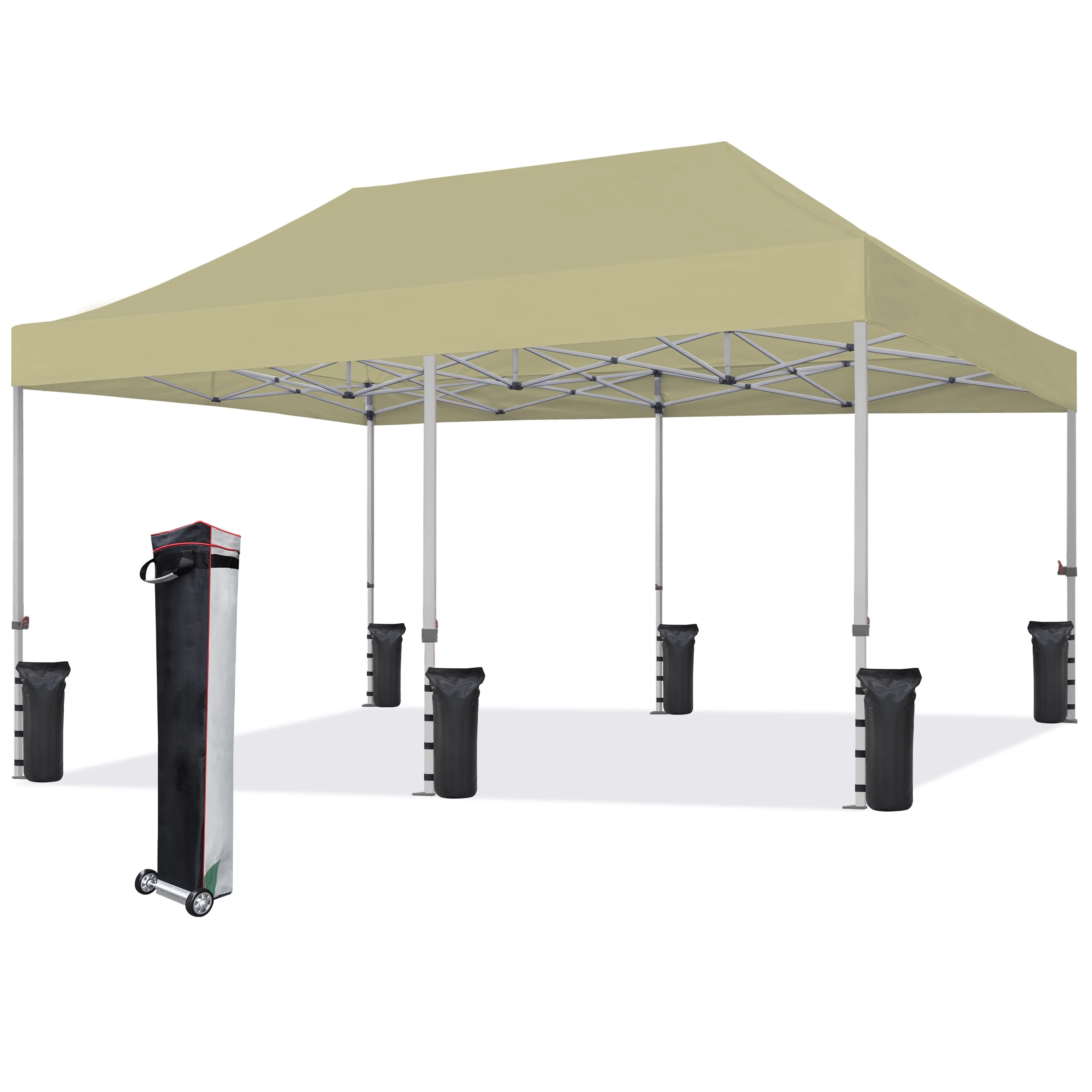 Eurmax 10'x20' Ez Pop Up Canopy Tent Commercial Instant Canopies with Heavy Duty Roller Bag,Bonus 6 Sand Weights Bags (Sandy)