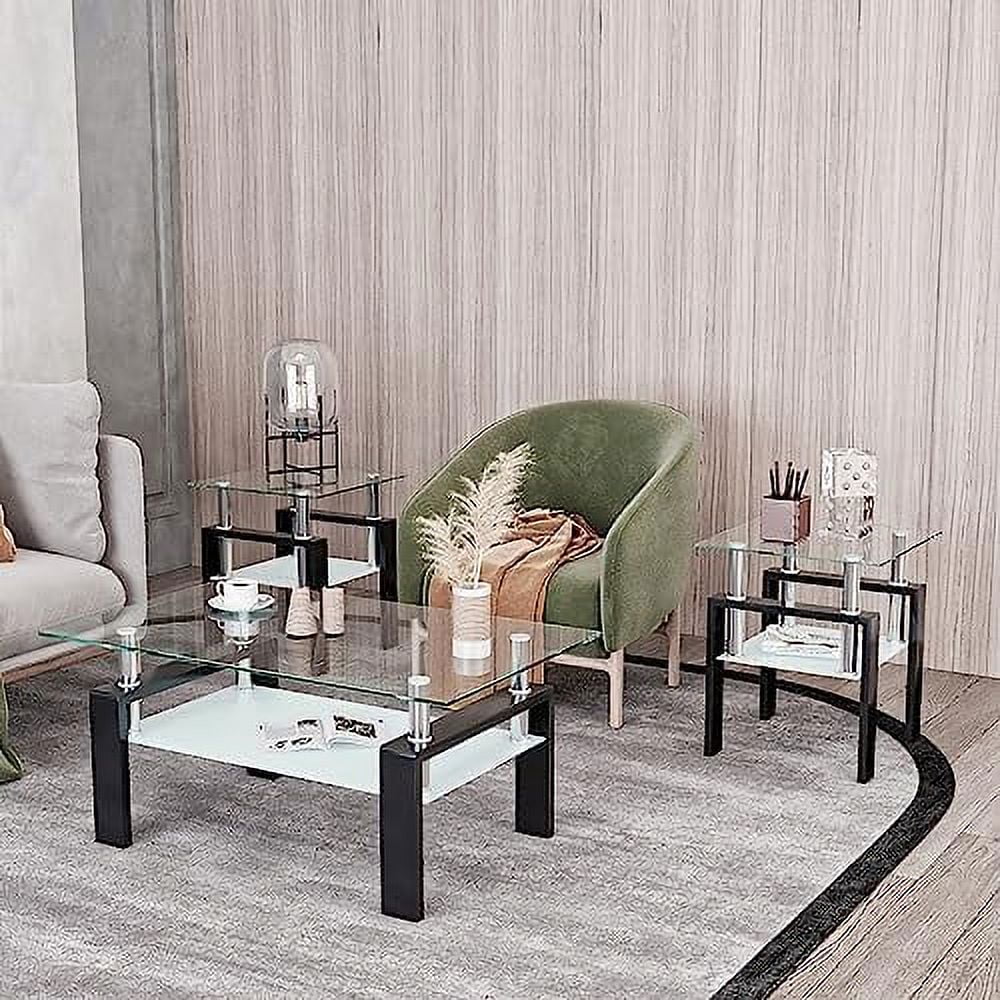 KBANZIBIU Glass Coffee Table End Table Sets of 3 for Living Room  Mordern Sofa Side Tables with   Corner Table White Metal Leg  Rectangle Tempered Center Table Home  Set (White-B)