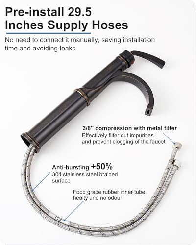 Vessel Sink Faucet, Oil Rubbed Bronze Waterfall Bathroom Sink Faucets, Brass Tall Bathroom Faucet Vanity Faucet 1 Hole Restroom Faucet Single Handle with Pop-up Drain Supply Hose