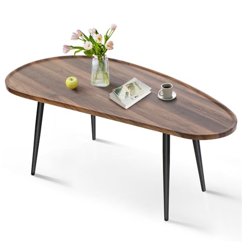 Oval Coffee Table for Small Space, Mango Shape Tabletop, Simple Modern Table with Metal Legs, Walnut 23.6