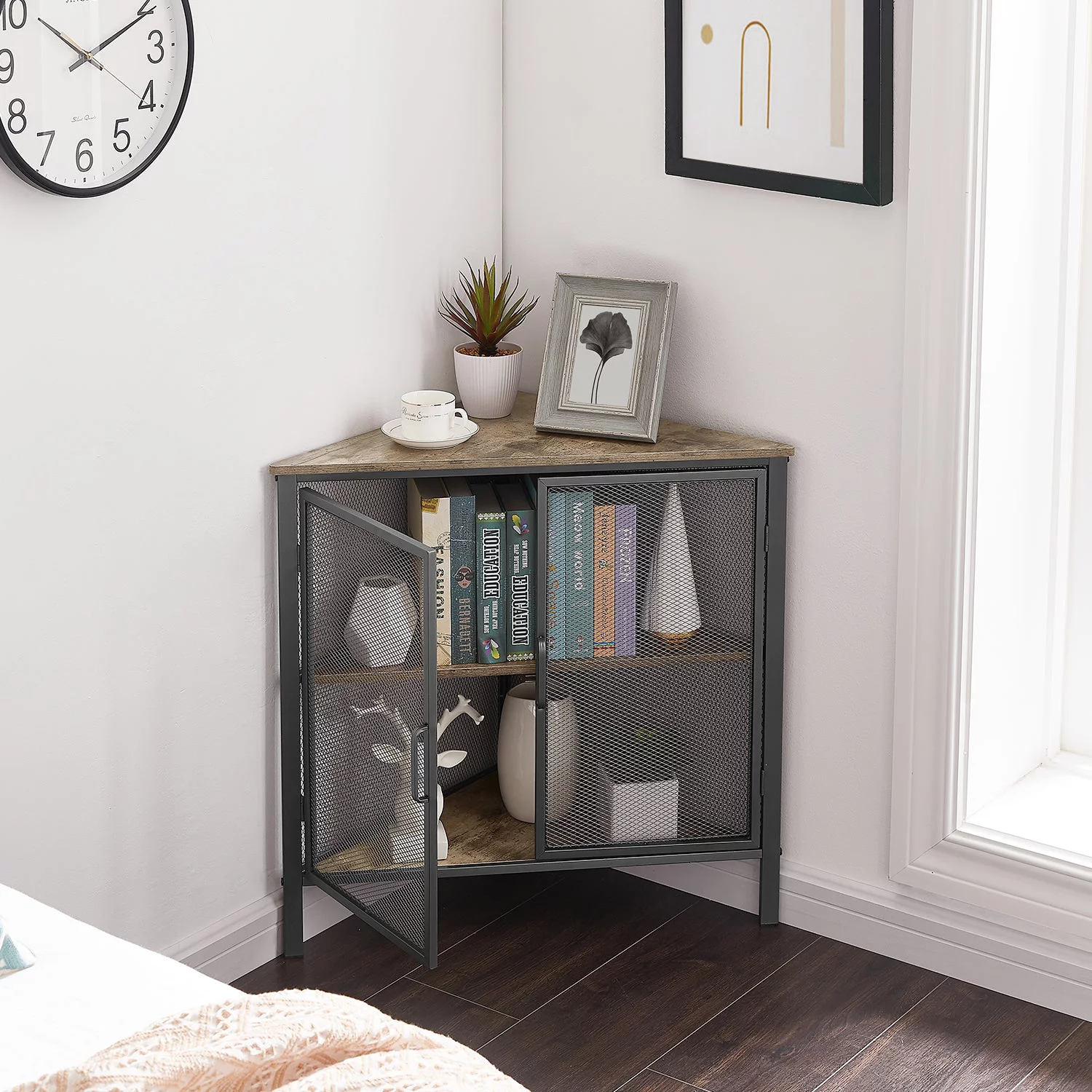 VECELO Set of 2 Triangle Corner Shelf with Ventilation Protection Door for Bedroom/Living Room/Kitchen, Gray