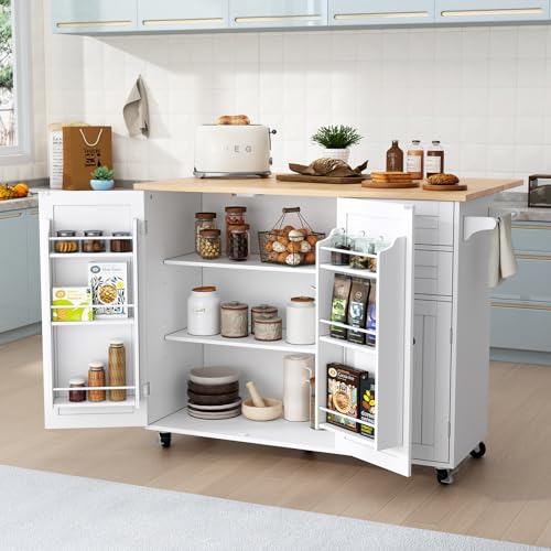 HLR Kitchen Island with Storage, Sage Green Rolling Kitchen Cart on Wheels with Drop-Leaf Bar Countertop, Islands Prep Table with Side Open Spice Rack and Tower Rack, Extra Storage for Kitchen