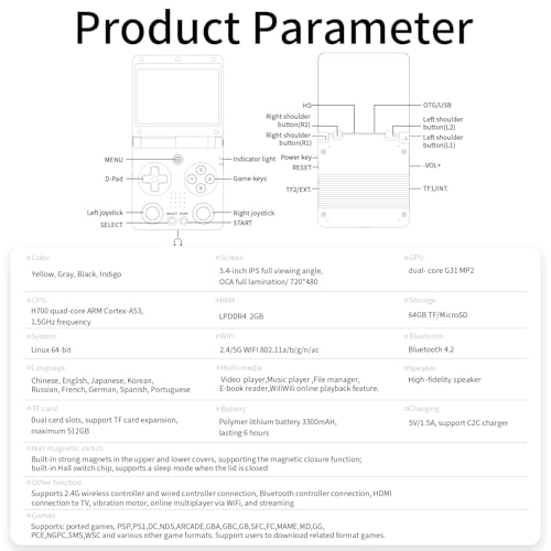 RG 34XXSP Retro Handheld Game Console Linux 3.4 inch IPS Screen 720*480 5000+ Classic Games 64G Card RG 34XXSP Retro Gaming Console Handheld 3300mAh Battery Compatible with WiFi HDMI Bluetooth Yellow