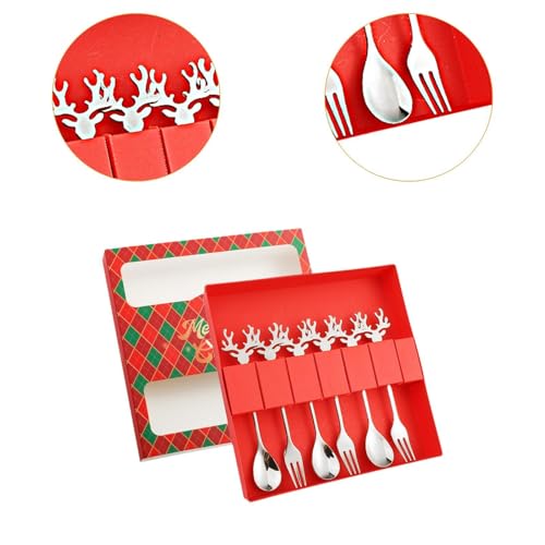6x Christmas Spoons Forks Set Premium Stainless Steel Dessert Forks and Spoons with Gift Box Christmas Tableware for Kitchen, silvery red box