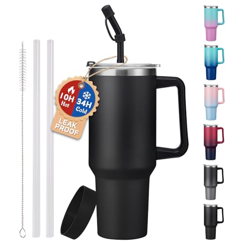 40 oz Tumbler with Handle and Straw Spout Lid - 100% Leak-proof Travel Coffee Cup, BPA Free Metal Mug, Vacuum Insulated Water Bottle- (Cold-34H & Hot-10H), Straw Cover, Silicone Boot