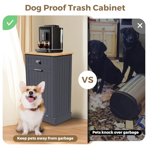 Tilt Out Trash Cabinet Kitchen Trash Can Holder Recycling Cabinet Laundry Hamper with Hideaway Drawer Wooden Bamboo Cutting Board with Added Countertop Space Keep Pets Out (White)