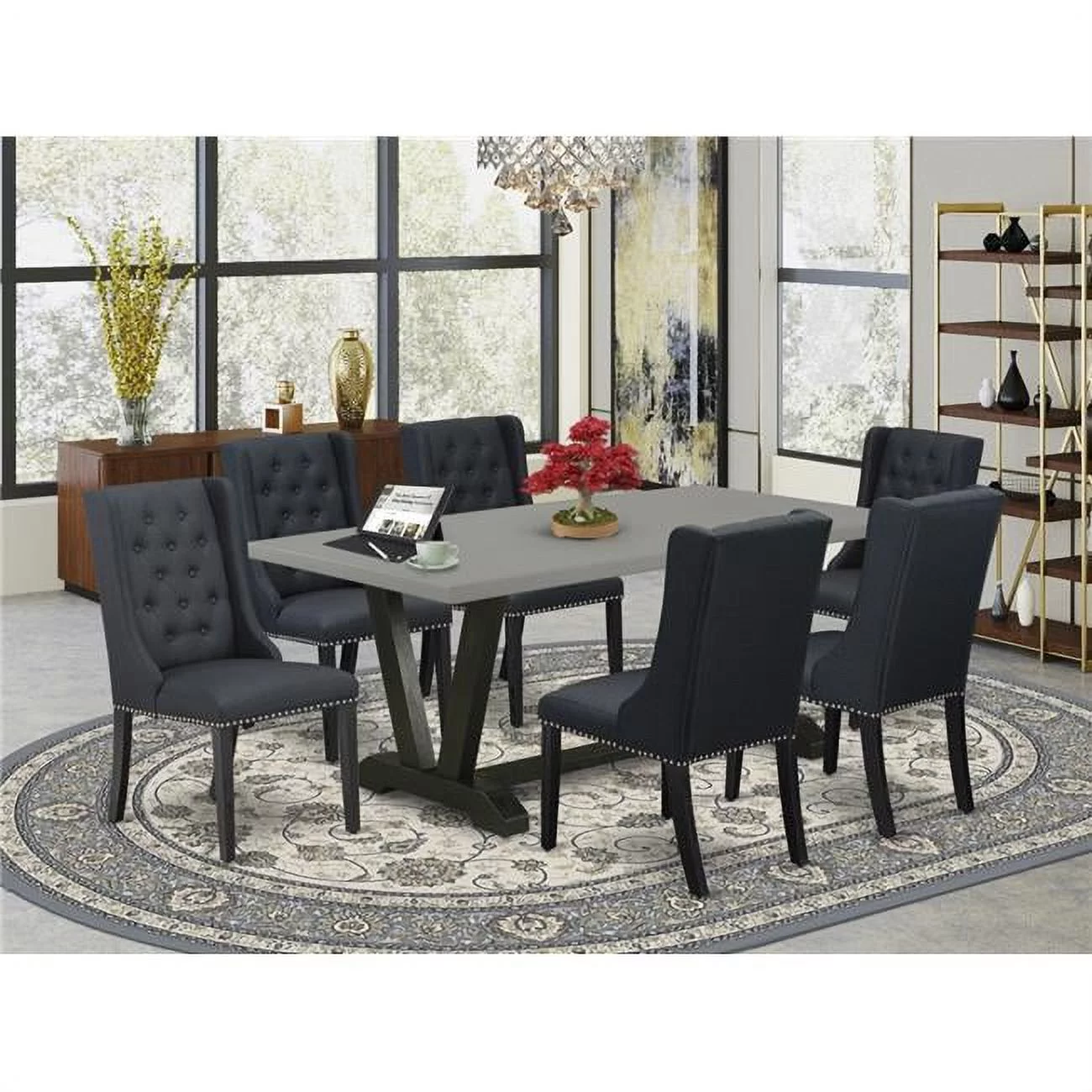 7 Piece V-Style Kitchen Table Set - Wire Brush Black