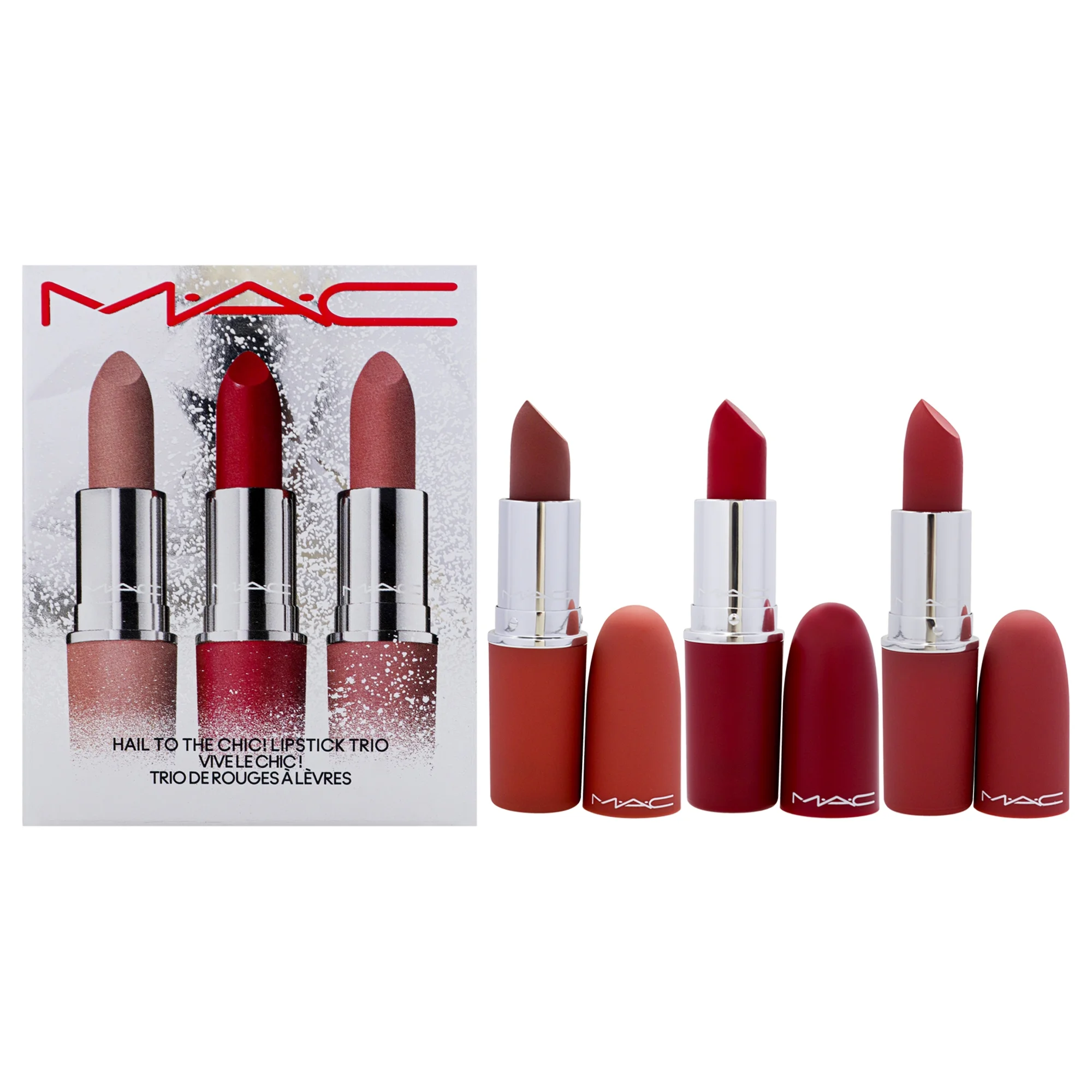 MAC Hail To The Chic Lipstick Trio , 3 Pc 0.10oz Powder Kiss Lipstick - 931 Teddy, 0.10oz Powder Kiss Lipstick - 923 Stay Curious, 0.10oz Retro Matte Lipstick - 707 Rudy Woo