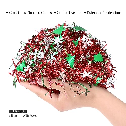 PAPER FAIR 1LB Metallic Red Green Christmas Crinkle Cut Paper Shred Filler w/Tree & Snowflake Confetti, Gift Wrap Packaging Raffia Tissue Strand, Craft Bedding Cushion, Winter Birthday Box Basket