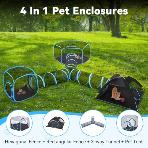 Outdoor Cat Enclosures for Indoor, Patio Portable Mesh Tent, Tunnel, Playhouse with Free Carry Bag & Metal Rod for Multiple Cats and Small Animals, Includes Playpen+2 Tents+Tunnel, Light Blue + Black