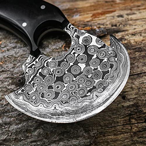 Knives - Alaskan Ulu - Mezzaluna Ulu Knife - Pizza Cutter Ulu - Traditional Ulu - Handmade Damascus Steel - Stabilized Handle - Ulu Knife - Vegetable Chopping Ulu