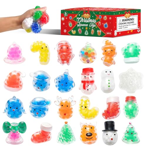 24PCS Christmas Squishy for Party Favors Gifts, Stress Relief Toys for Goodie Bags Pinata Fillers, Stocking Stuffer for Kids, Treasure Box Carnival for Prizes Rewards, Fidget Squeeze Advent Calendar