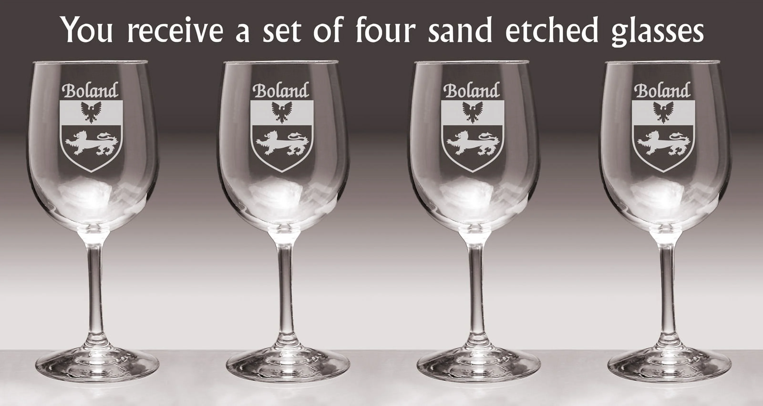 Boland Irish Coat of Arms Wine Glasses - Set of 4 (Sand Etched)