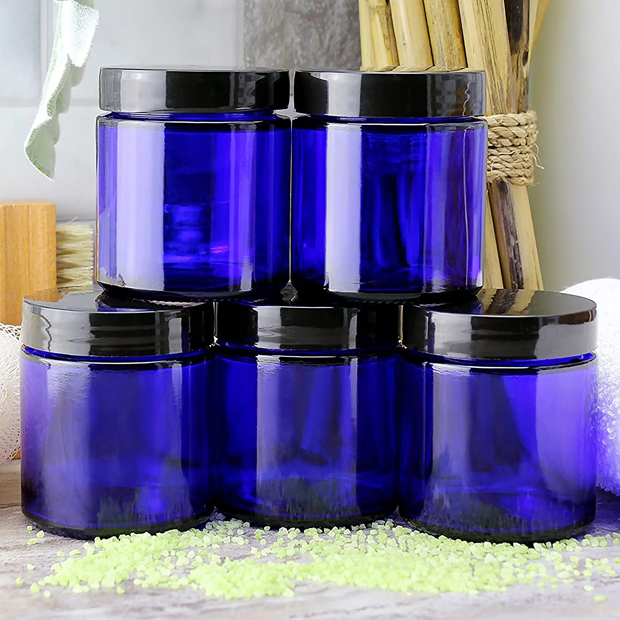 4-Ounce Cobalt Blue Glass Straight Sided Cosmetic Jars (12-Pack); 120 ml. Capacity, BPA-Free Lids