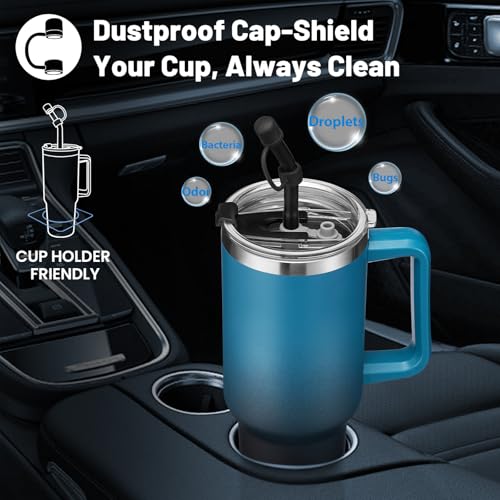 40 oz Tumbler with Handle and Straw Spout Lid - 100% Leak-proof Travel Coffee Cup, BPA Free Metal Mug, Vacuum Insulated Water Bottle- (Cold-34H & Hot-10H), Straw Cover, Silicone Boot