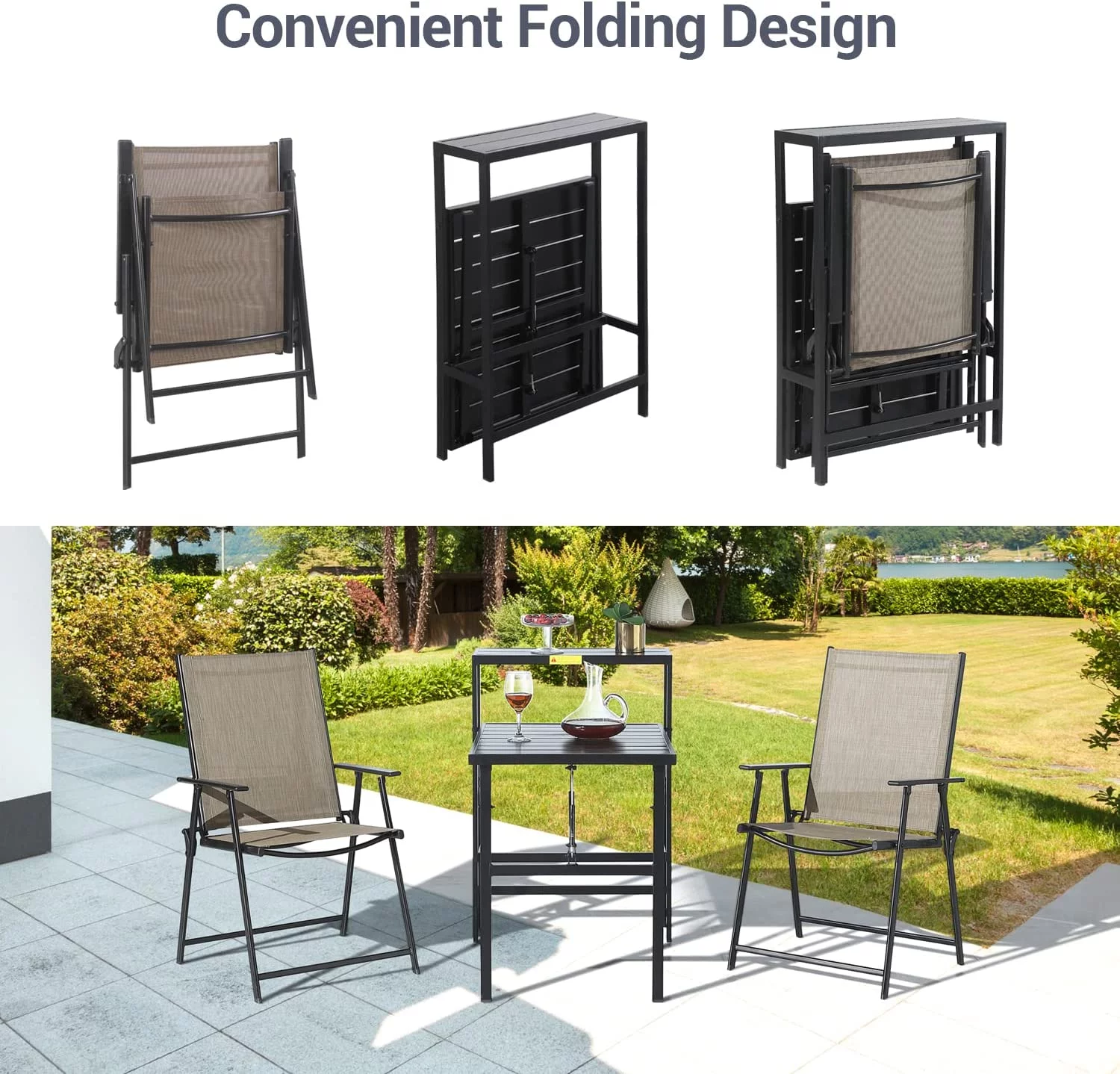 Popular Patio Bistro Set 3 Piece Outdoor Folding Furniture Conversation Sets Foldable Coffee Table Chairs  2-Tier Dining Table Set Space-Saving for Porch Balcony Yard Garden Lawn Pool Sid