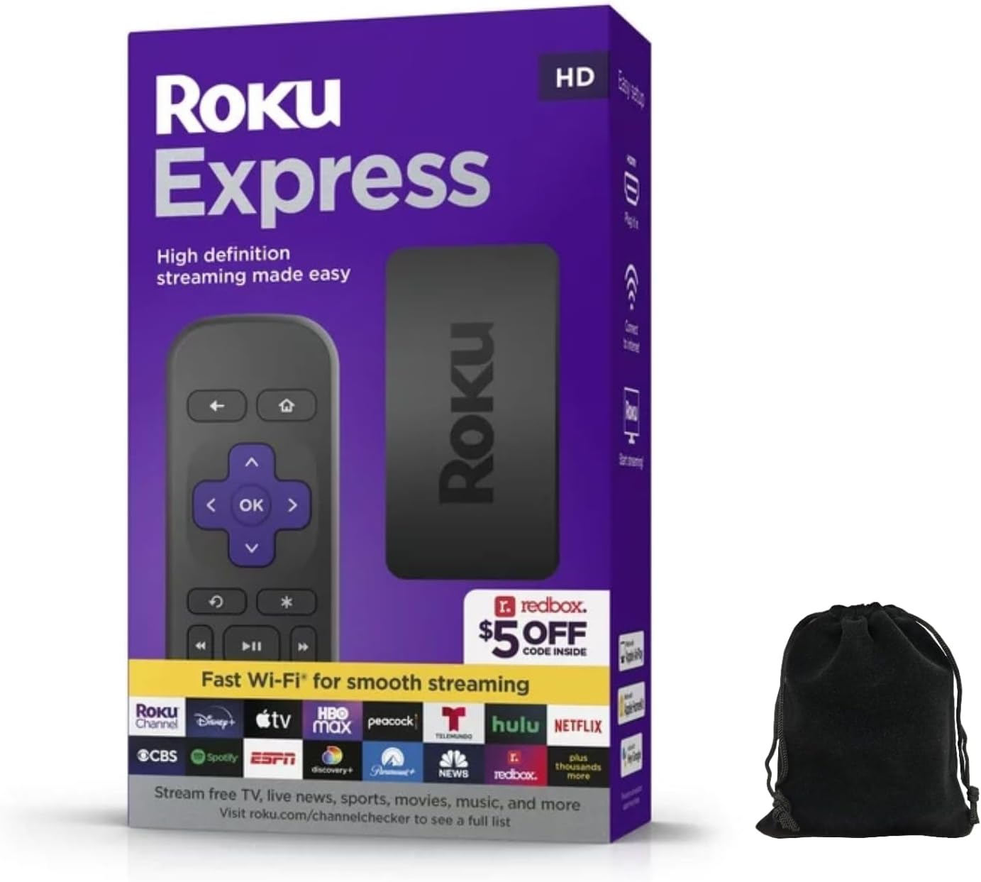 Roku Express HD Streaming Device with High-Speed HDMI Cable, Standard Remote (No TV Controls) and Fast Wi-Fi, Includes Pouch, Black, 3960RW-Pouch