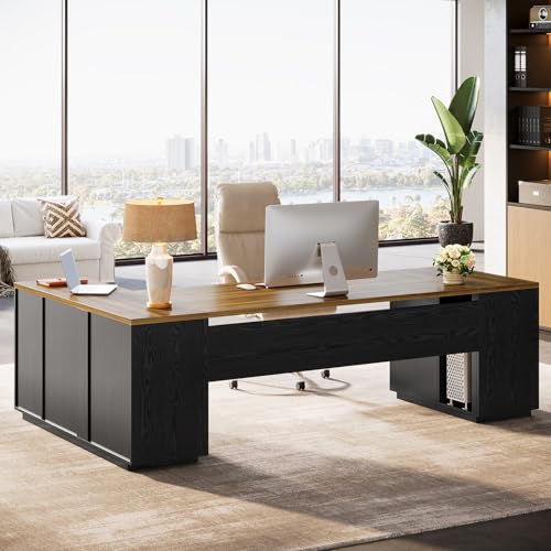 Tribesigns 85.8-Inch L-Shaped Executive Desk with File Drawers, Door Cabinet & Shelves, Extra Large Commercial Office Desk, Modern Professional Office Table, White & Brown Business Furniture