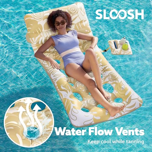 SLOOSH Adjustable Backrest Pool Floats - Tropical Leaves Pool Lounger Floaties Adults with Cup Holders, Inflatable Tanning Float Rafts Chair Beach Lake Lounge Floating Above Water Keep Cool (Blue)