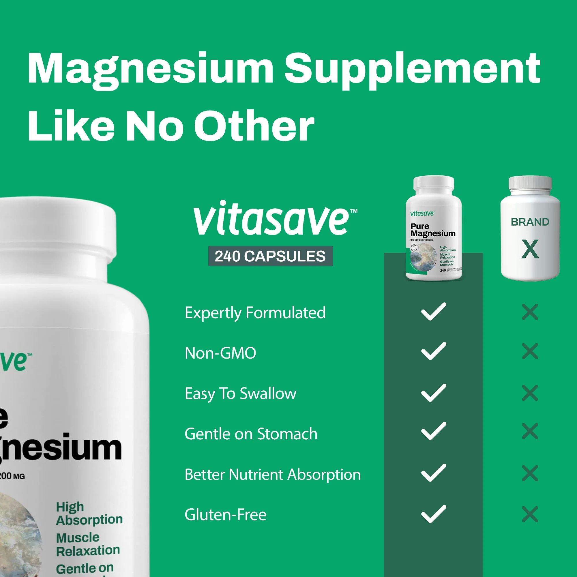 Vitasave - Pure Magnesium, 200mg Magnesium Bisglycinate Capsules, 240 Counts