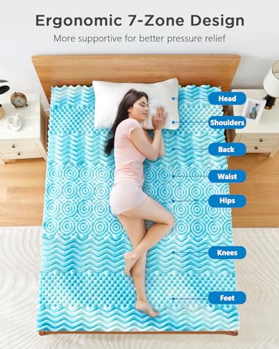 PERLECARE 3 Inch 7-Zone Queen Memory Foam Mattress Topper, Cooling Gel Mattress Topper with Airflow Channels, CertiPUR-US Certified Egg Crate Bed Topper for Body Pressure Relief, Queen