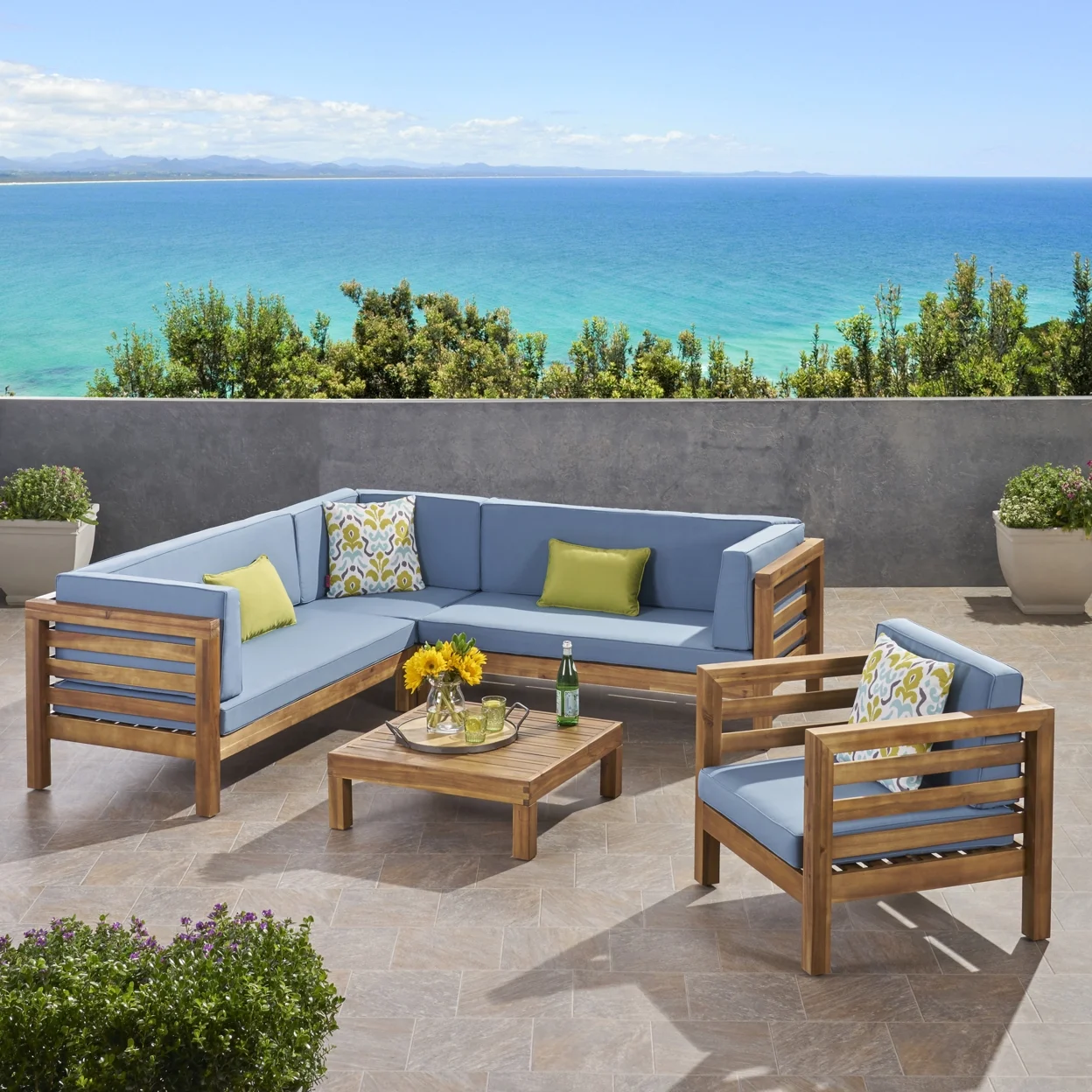 GDF Studio Emma Outdoor 6 Seater Acacia Wood Sectional Sofa, Teak and Red