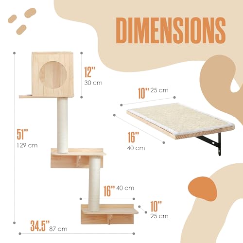 Wall Cat Tree, Cat Tree Wall Mounted, Cats Climbing Tower, Cats Furniture Shelves, Stairs, Mount, Climber, Activity, Floating House, Condo, Playground, Obstacle Course, Indoor Gym, 51 x 35 Inch