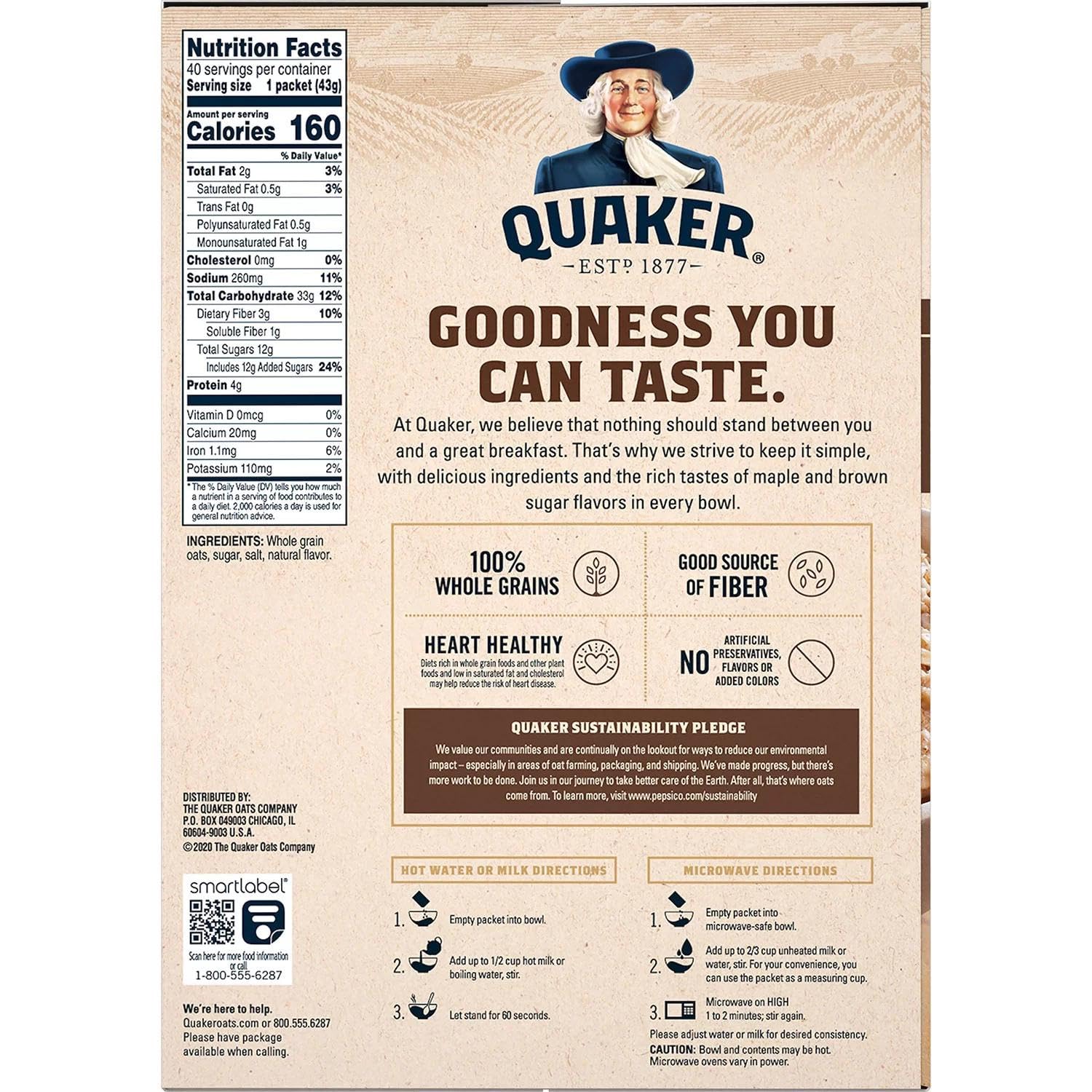 Quaker Instant Oatmeal, Maple & Brown Sugar, Individual Packets, 1.51 Ounce (Pack of 40)