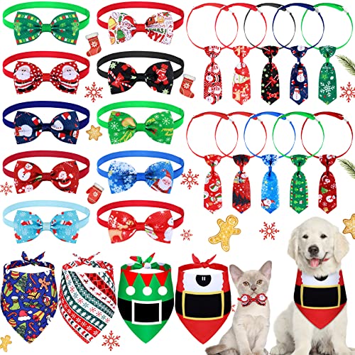 Frienda 24 Pcs Christmas Dog Bow Ties Collar Set, Include 10 Neckties, 10 Bowties and 4 Bandanas Scarf, Adjustable Christmas Dog Bows Santa Claus Collar for Small Medium Dogs Pet Grooming Accessories