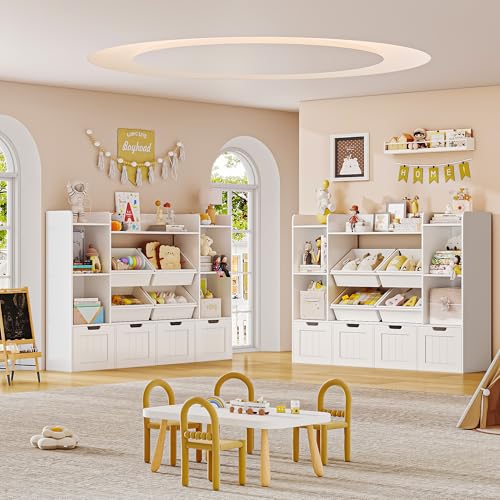 Toy Storage Organizer, Toy Organizer Kids Bookshelf with 4 Movable Drawers and 4 Box Bins, Playroom Organization and Storage for Kids Room, Living Room