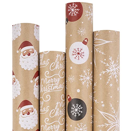 RUSPEPA Christmas Kraft Wrapping Paper - Owl, Reindeer, Christmas Ball and Text Design - 4 Rolls - 30 inches x 10 feet per Roll