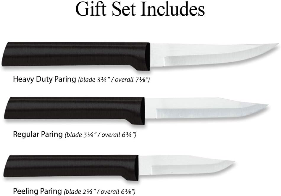 Rada Cutlery Paring Knife Set 3 Knives Blades Stainless Steel Resin Made in The USA, 2-1/2”, 3-1/4”, Black Handle