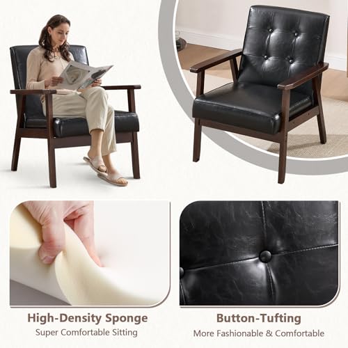 ANJ Mid Century Modern Accent Chair, Tufted Fabric Upholstery, Wood Frame, Beige