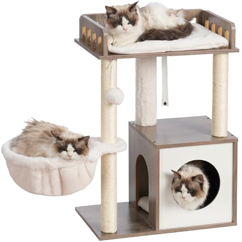 Heybly Modern Cat Tree, Wooden Cat Tower with 3 Scratching Posts, Cat Condo for Indoor Cats with Wood Cat Cave, Plush Perch, Basket, Pompom, Rustic Brown HCT007SSR