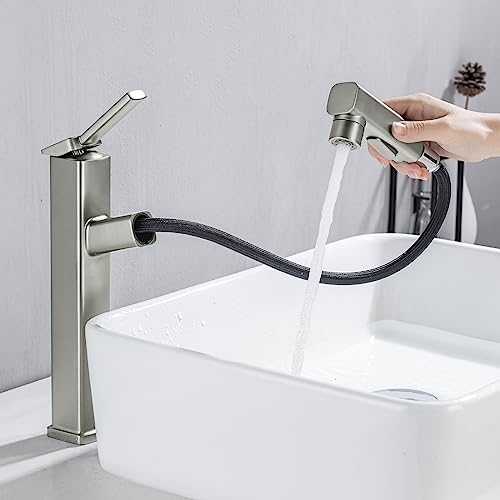 HANLIAN Single Hole Bathroom Pull Out Faucet with Rotating Spout, One Handle Faucet for Bathroom Sink, Modern Bathroom Faucet with Pull Down Sprayer, 3 Modes Vanity Faucets (Tall, Chrome)