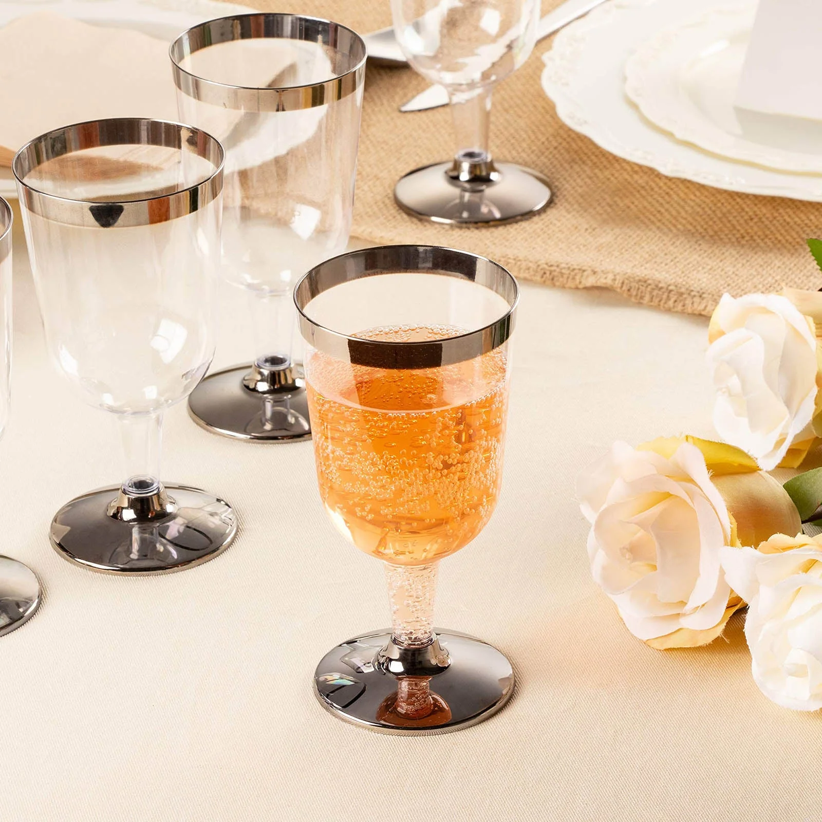 Efavormart 55 Pcs - Silver Rimmed 6oz Disposable Plastic Wine Glass