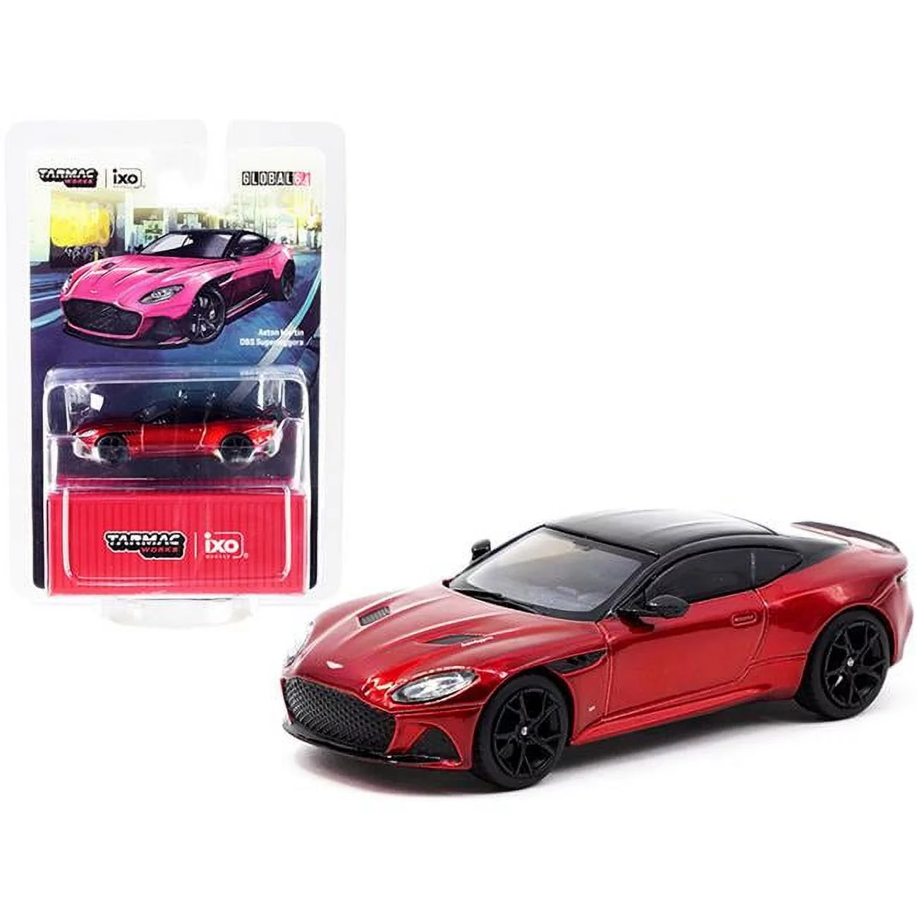 Tarmac Works  2.5 in. 1-64 Scale DBS Superleggera Aston Martin Diecast Model Car with Top, Metallic Red & Black