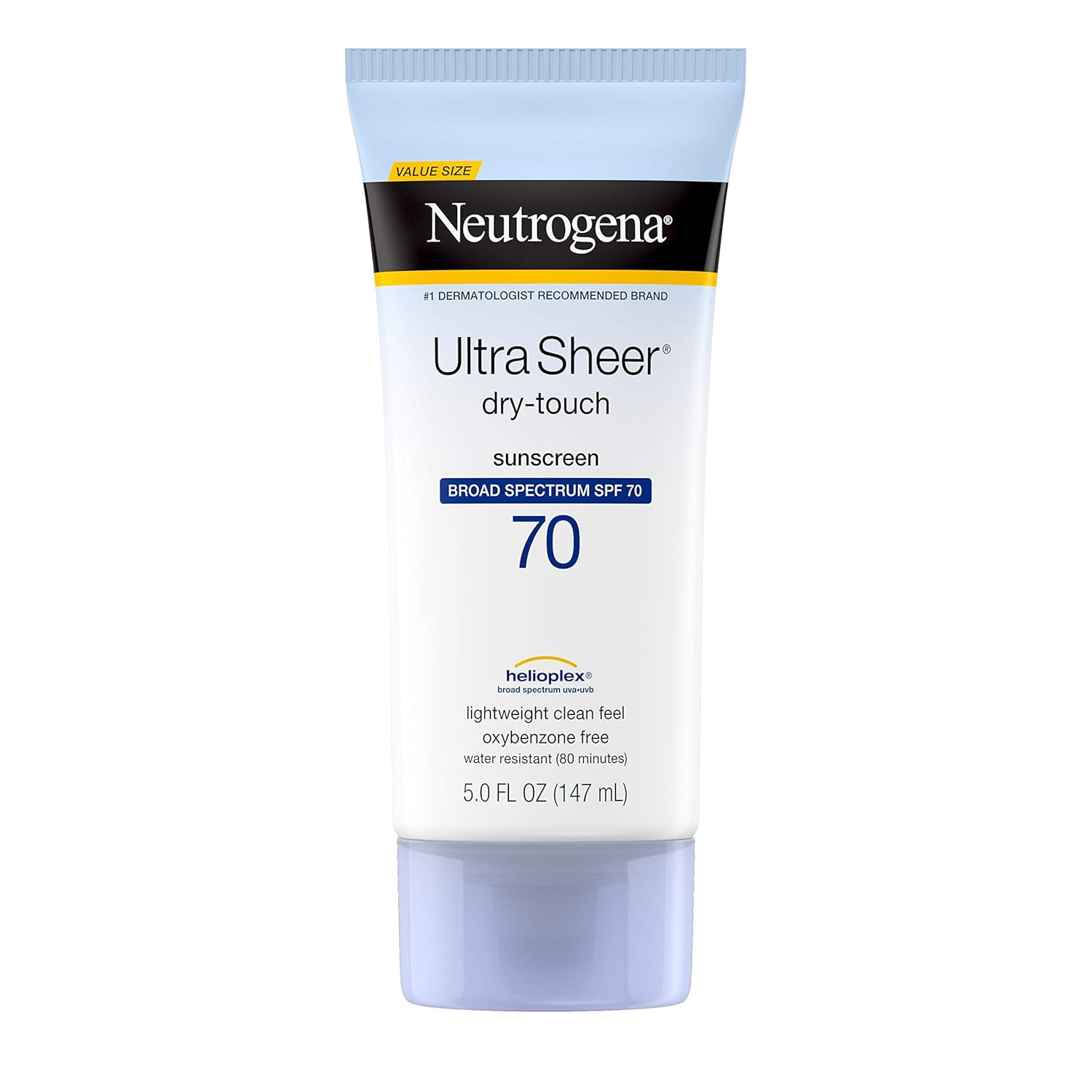 Neutrogena Ultra Sheer Dry-Touch Sunscreen Lotion, Broad Spectrum SPF 70 UVA/UVB Protection, Oxybenzone-Free, Light, Water Resistant, Non-Comedogenic & Non-Greasy, 5 fl. oz