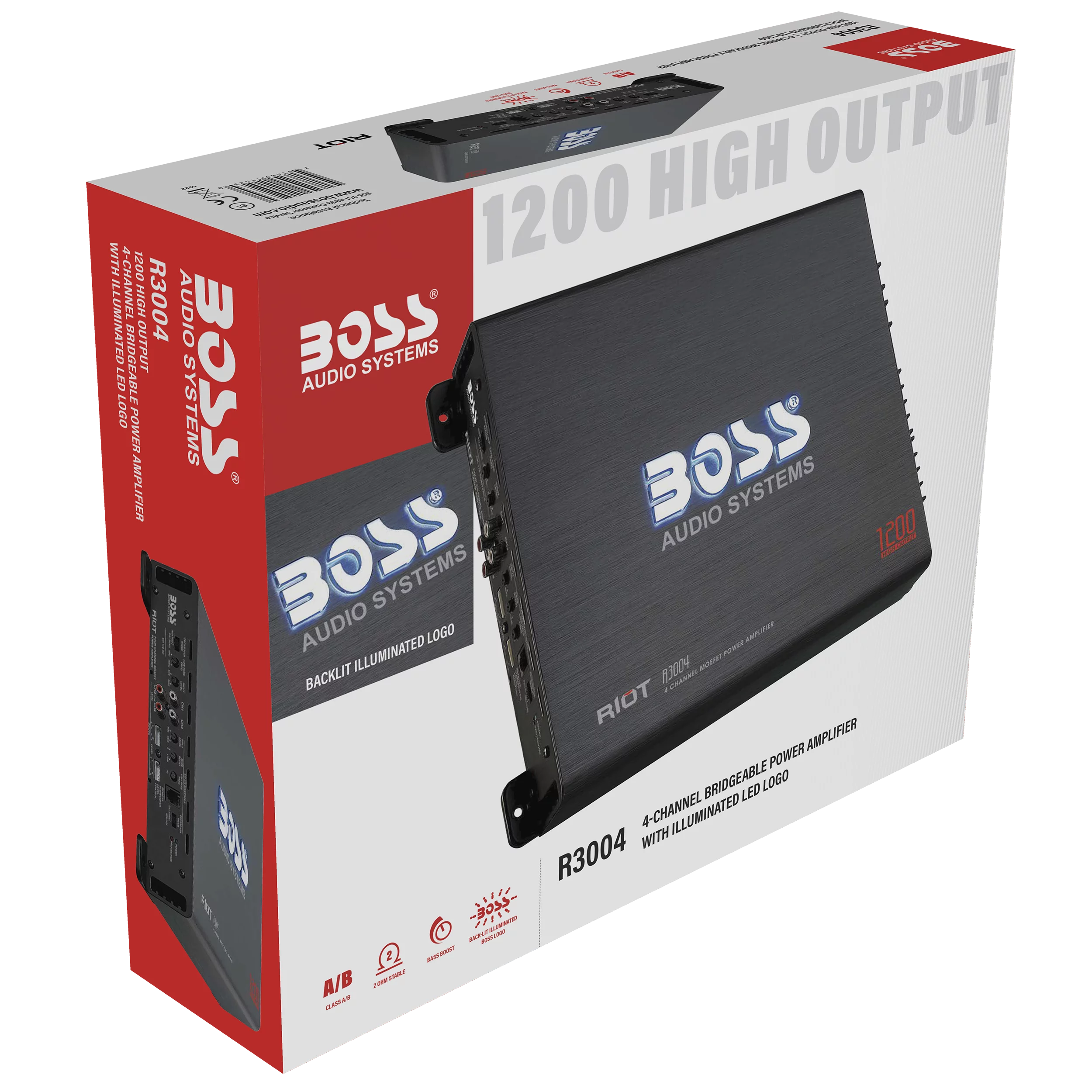 BOSS Audio Systems R3004 Riot Series Car Audio Stereo Amplifier - 1200 High Output, 4 Channel, Class A/B, 2/4 Ohm, Low/High Level Inputs, High/Low Pass Crossover, Full Range, Bridgeable, Subwoofer